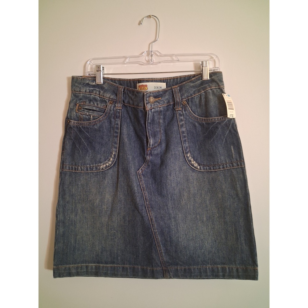 Route 66 Denim Mini Skirt Womens 7/8 Medium Wash Cotton Distressed Straight Blue